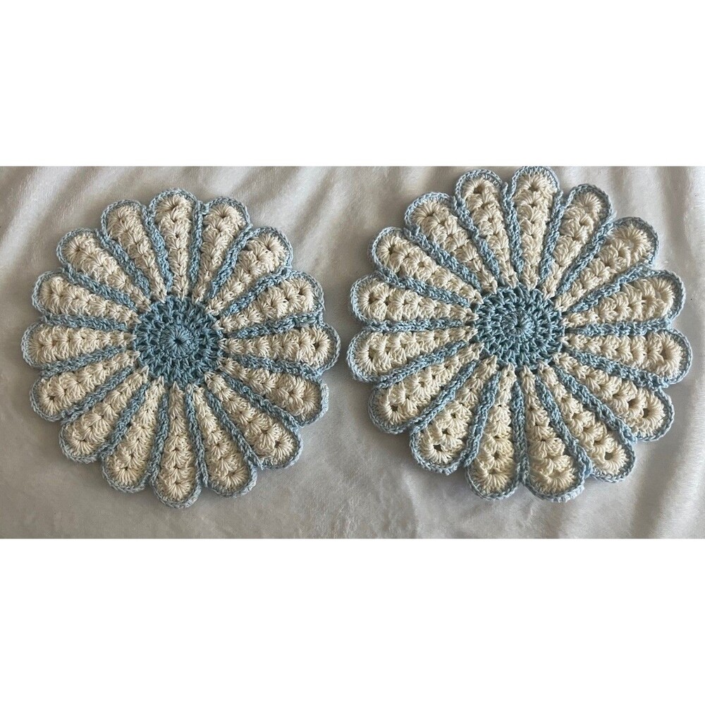 Vintage Crochet Flower Trivets Hot Pads Blue Cream Cottagecore